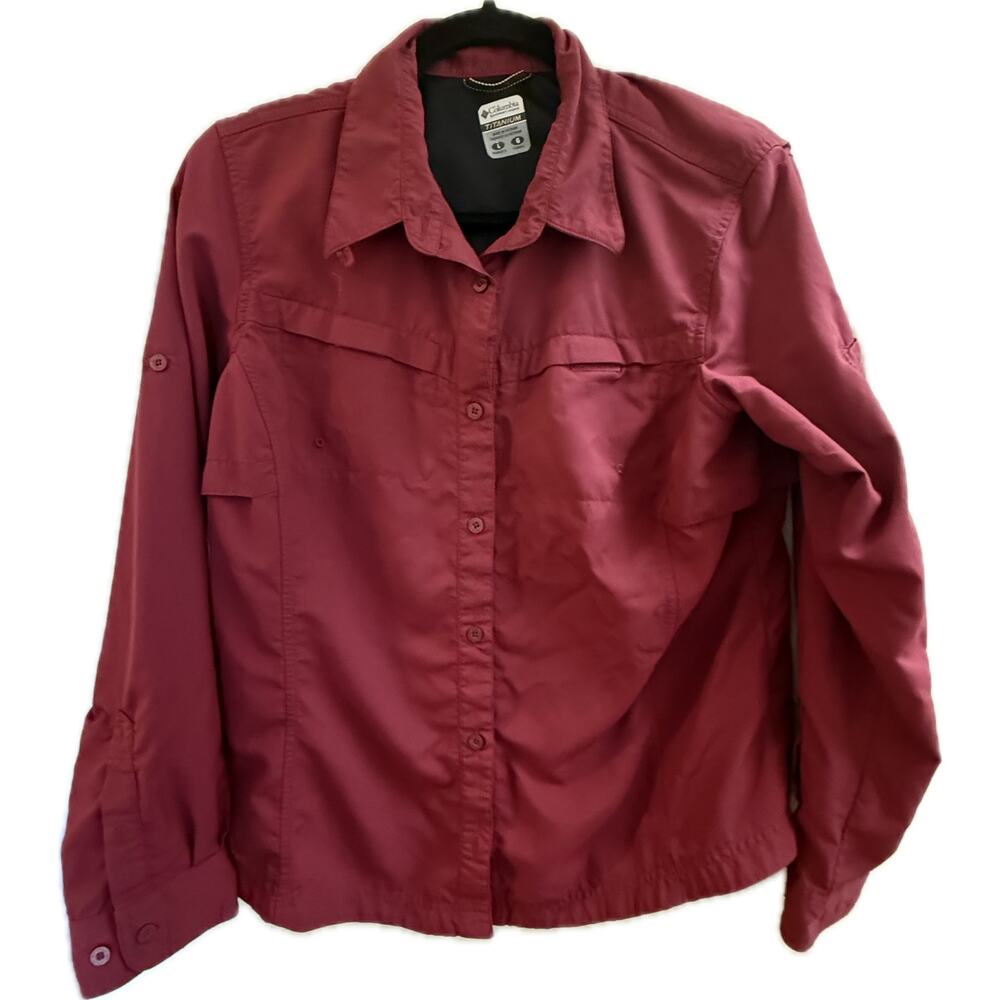 Columbia red long sleeve button up top.